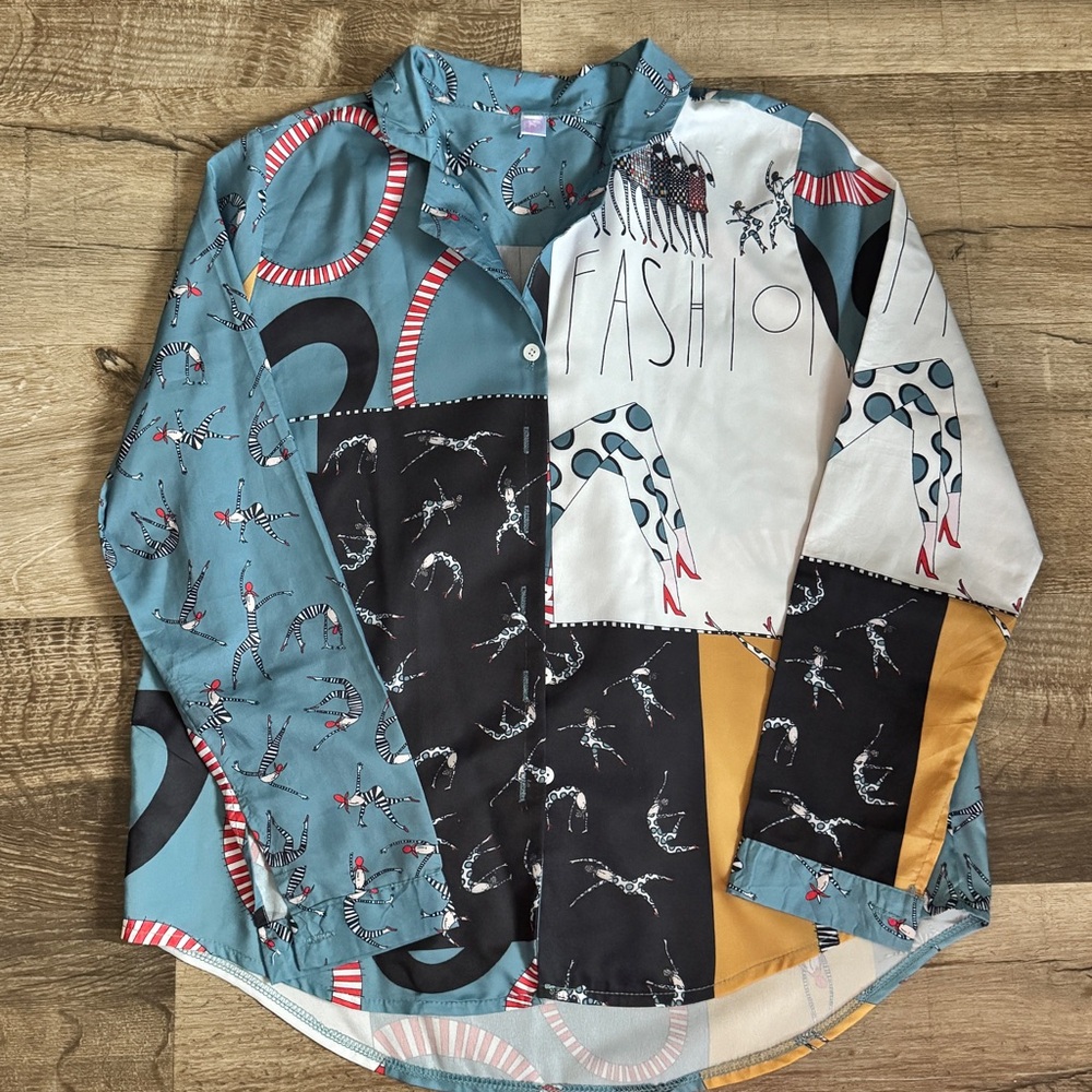 Classic Fashion Collection Silk Teal and Red Patterned China Made Woman’s Blouse